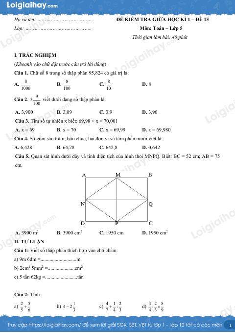 Đề kiểm tra giữa kì 1 Toán 5 - Đề số 13